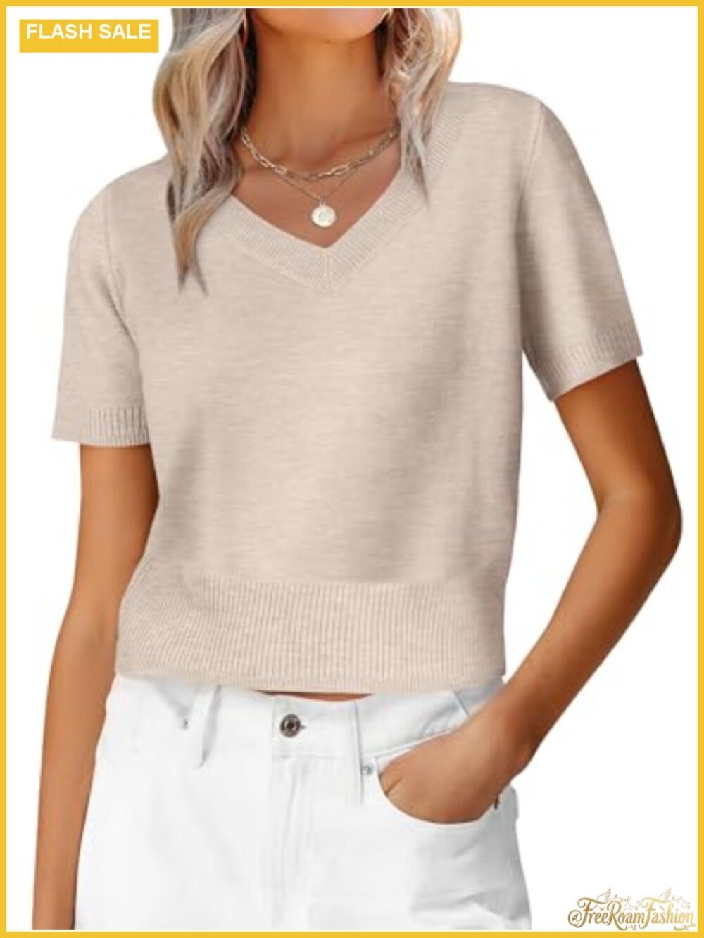 Women's Short Sleeve Cropped V Neck Ribbed Knit Sweater